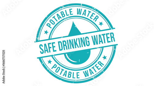 Distressed Potable Water Stamp Icon with a Teal Drop Design, Representing Safety, Health, and Clean Drinking Water Standards for Consumption