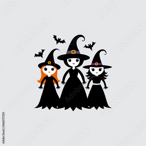Enchanting Witches Gathering: Three charming witches, each with their unique style and spellbinding hats, come together under the moonlight with a group of bats.