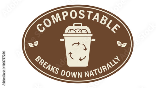 Eco-friendly compostable label with recycling bin icon, emphasizing natural decomposition for sustainable waste management and environmental responsibility