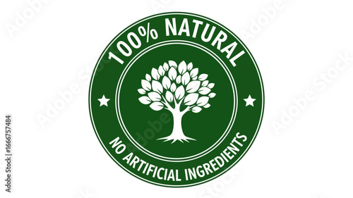High-quality vector emblem for 100% natural and artificial ingredient-free products, featuring a stylized tree icon in a vibrant green circular badge design for health and wellness branding