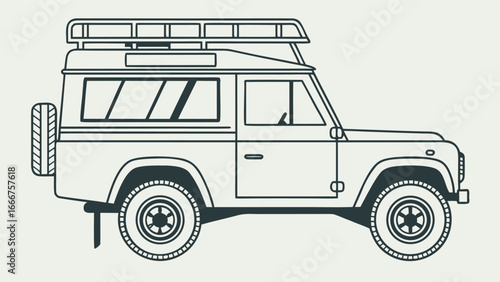 Line art illustration of a classic off road vehicle with roof rack
