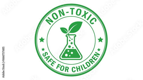 Green non-toxic product label for child safety, with a plant sprout in a laboratory beaker, symbolizing natural and eco-friendly health quality assurance