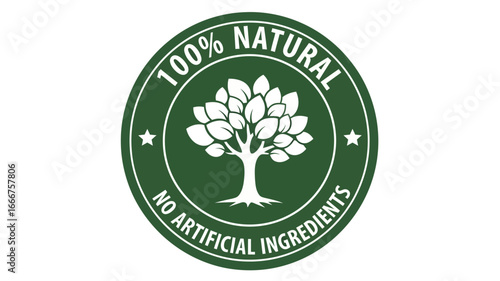 Authentic green eco-friendly seal for natural products, featuring a stylized tree emblem to signify pure, wholesome ingredients and healthy choices