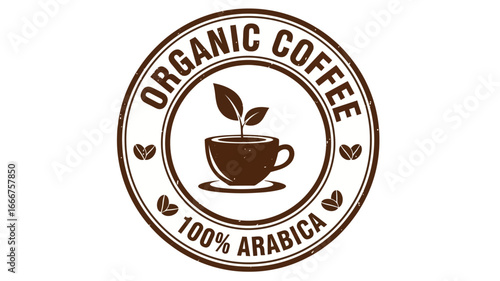 Clean and modern organic Arabica coffee label design, featuring a stylized sprout emerging from a cup, symbolizing fresh, high-quality, and sustainable beverage production