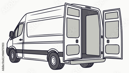 Line art illustration of a white delivery van with rear doors open