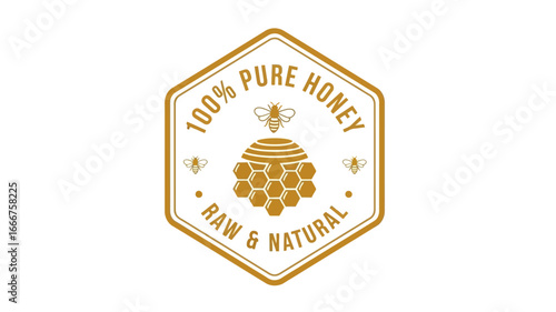 Elegant vector badge design emphasizing the purity, natural quality, and raw essence of premium honey, featuring a stylized beehive and bee motif, ideal for packaging and branding