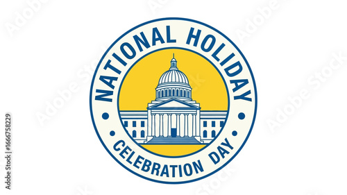 An emblematic illustration for a national holiday, depicting a classic government building within a festive circular design, symbolizing civic pride, unity, and commemoration