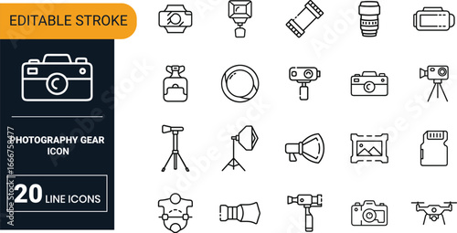 Photography gear vector icon set collection with camera, lens, tripod, flash, studio light, photo equipment and accessories