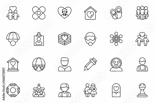 Diverse collection of simple line icons representing family, community, health, and relationships, perfect for modern design projects.
