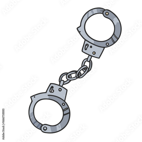 Silver metal handcuffs linked by a chain restraint
