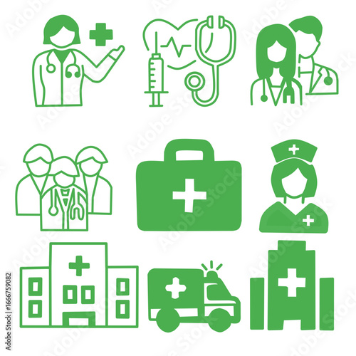 green icon set of medical and health professions