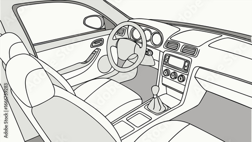 Modern car interior with dashboard and seats steering wheel