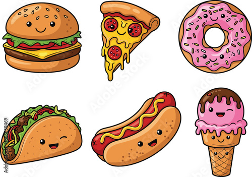 Cute cartoon fast food illustration with smiling burger, pizza, taco, donut, hotdog, ice cream characters, perfect for kids menus, stickers