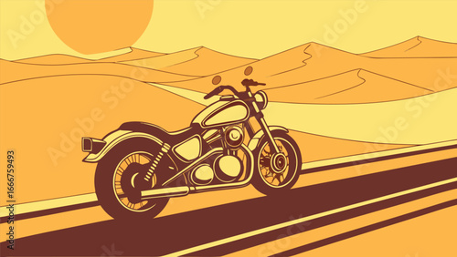 Motorcycle on Desert Road at Sunset chopper cruiser
