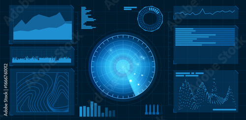 Realistic digital blue HUD radar display in searching, vector graphs and charts of signal interface, navy or air sonar