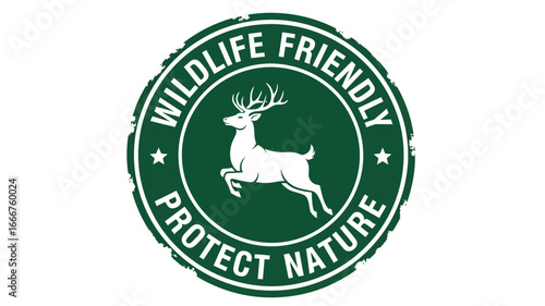Elegant green round emblem featuring a leaping deer silhouette, symbolizing a commitment to wildlife friendliness and the vital importance of nature protection