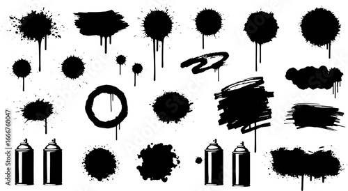 Spray graffiti element set, can splatter vector brush drip freehand kit, urban street black grunge. Cool hand writing stain splash, dirty messy airy ink stroke and circles. Spray graffiti dark splash