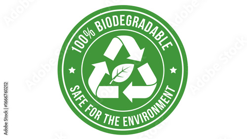 Eco-friendly green badge indicating 100% biodegradability and environmental safety, with a prominent recycling symbol and a natural leaf design