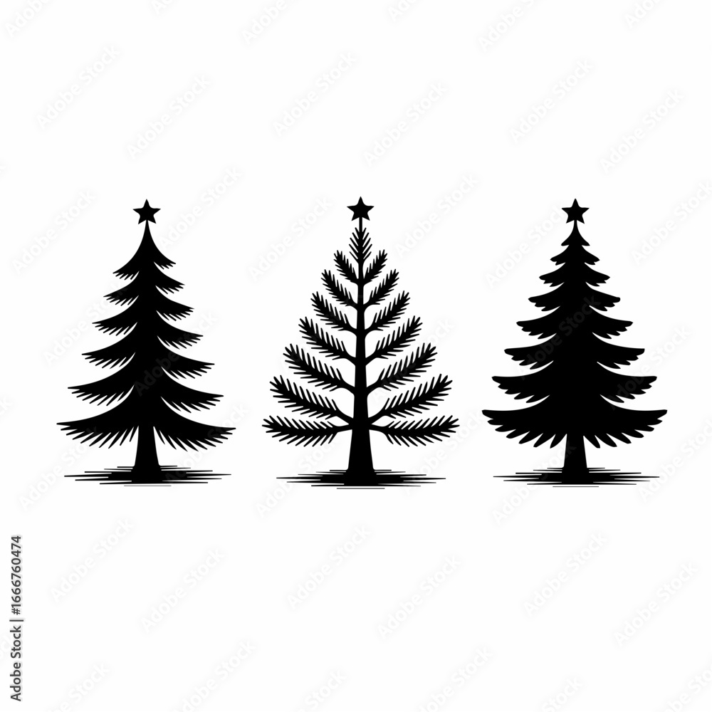 Fototapeta premium Three stylized black christmas trees with stars on white background