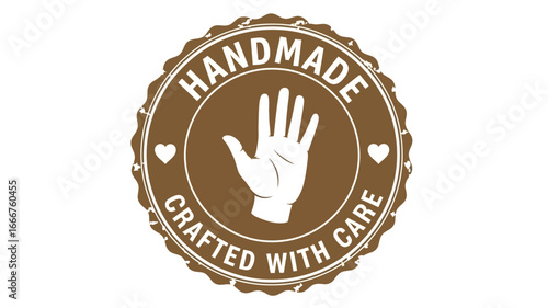 Distressed brown circular badge with a hand icon, prominently displaying 'Handmade Crafted with Care,' symbolizing high-quality artisanal products and dedicated craftsmanship