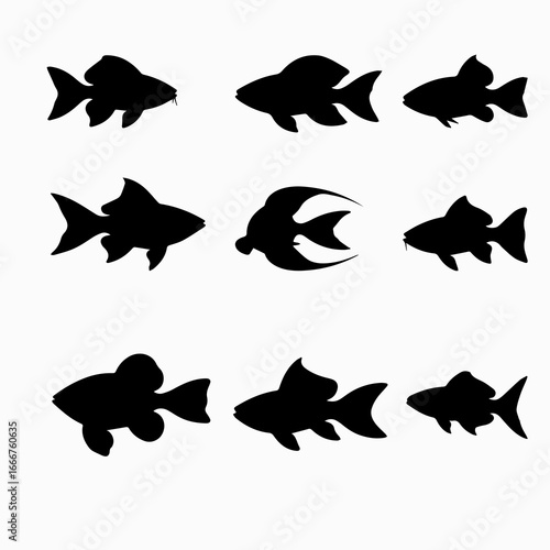 Collection of nine black fish silhouettes on a white background