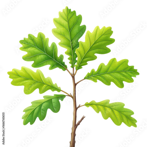 Realistic 3d painting of a young oak sapling with vibrant green lobed leaves transparent background