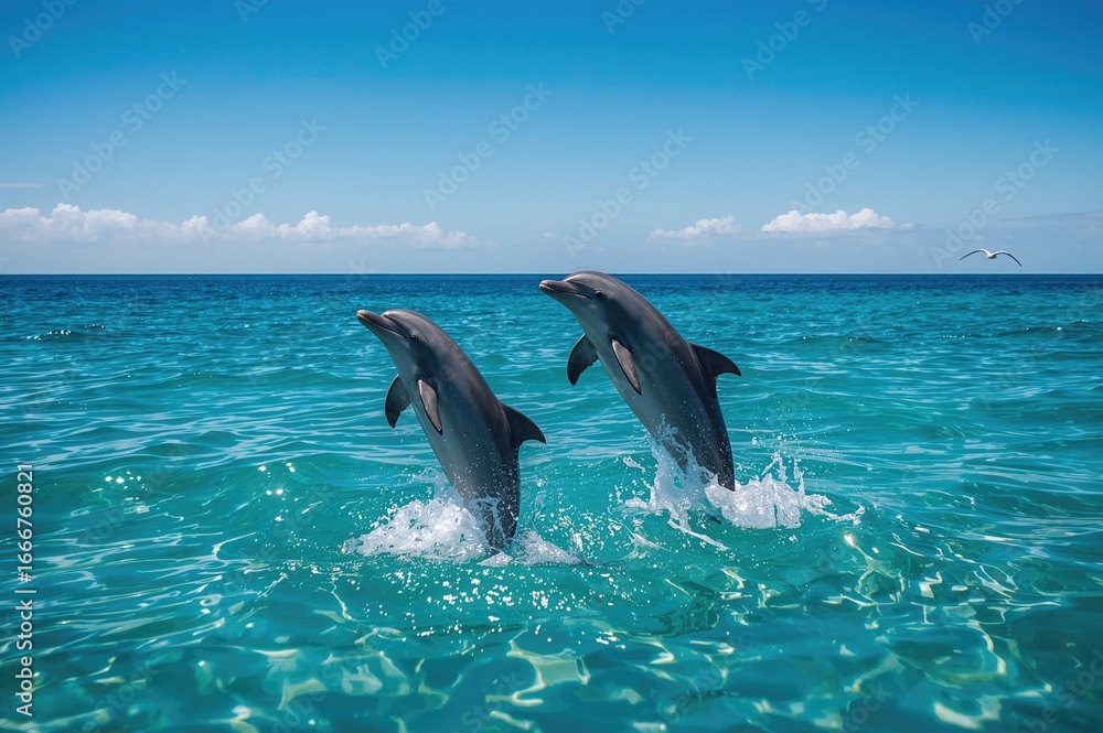 Fototapeta premium Two dolphins leaping together above the water