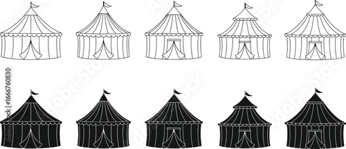 Classic circus tents in outline and silhouette designs