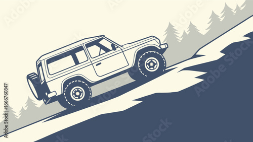 Off road vehicle climbing a steep hill with trees vector