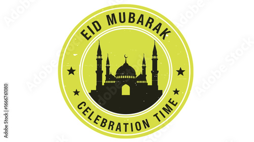 Vibrant graphic emblem celebrating Eid Mubarak, featuring a classic mosque silhouette and festive typography for a joyful occasion, perfect for cultural greetings and spiritual events