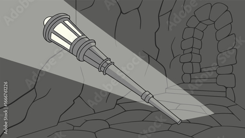 Old fashioned lamp with light beam in a cave stone