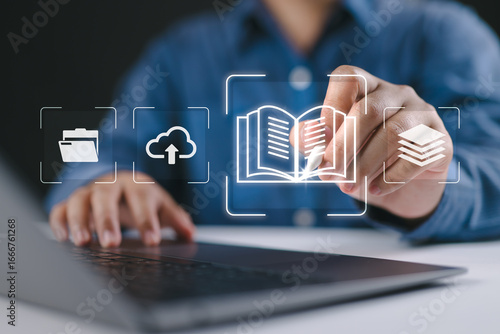 A person using digital pen on laptop with document, folder, book, and cloud upload icons. Concept of digital document management, knowledge base, e-library, cloud storage and online learning.