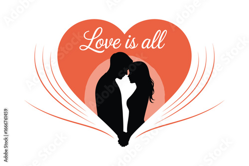 Silhouette of a loving couple in a heart shape, symbolizing romance, affection, and the beauty of love is all