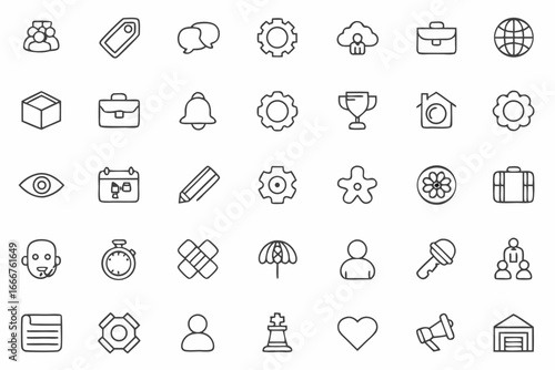 Collection of modern minimal line art icons for business, technology, and lifestyle themes, versatile design assets