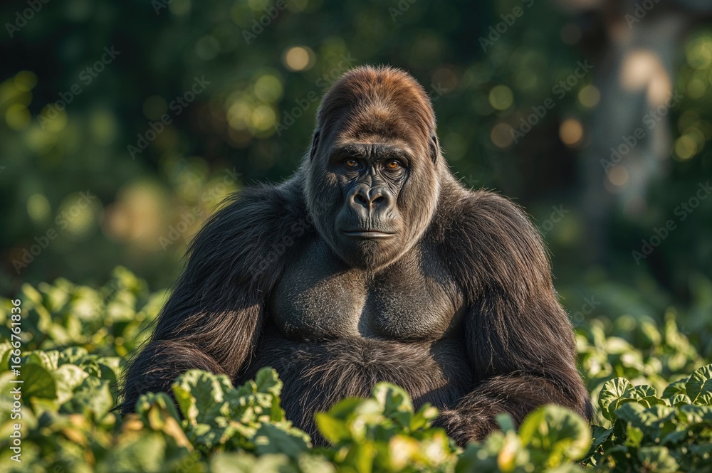 Obraz premium Morning meal of a dominant male gorilla includes fresh lettuce