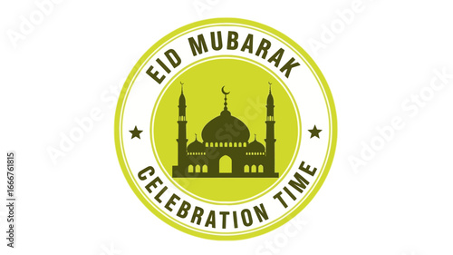 Stylized green and white circular graphic emblem, celebrating Eid Mubarak with a mosque silhouette and star accents. Ideal for Islamic holiday greetings and festive designs