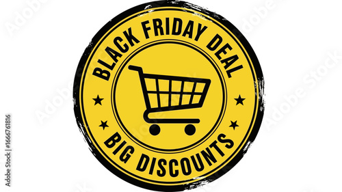 Dynamic yellow and black circular design featuring a shopping cart, prominently advertising incredible offers and massive price cuts for an exciting shopping season