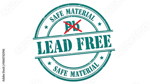 Abstract digital artwork of a green grunge stamp, clearly displaying 'LEAD FREE' and 'SAFE MATERIAL' as an assurance of product safety and quality
