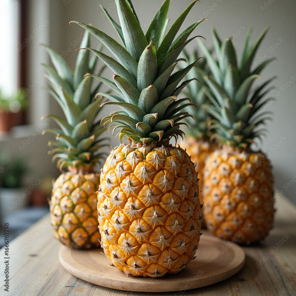 Obraz premium Pineapple, ripe pineapple, yellow pineapple, pineapple leaves, fruit, food Generative AI