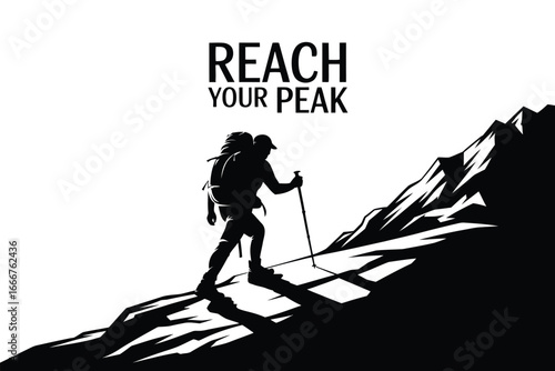 Silhouette of a hiker climbing a mountain to reach the peak, representing adventure, challenge, and the pursuit of goals