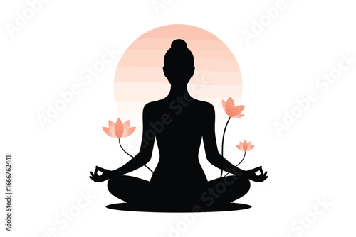 Silhouette of woman in yoga pose with lotus flowers, perfect for wellness, meditation, and zen designs