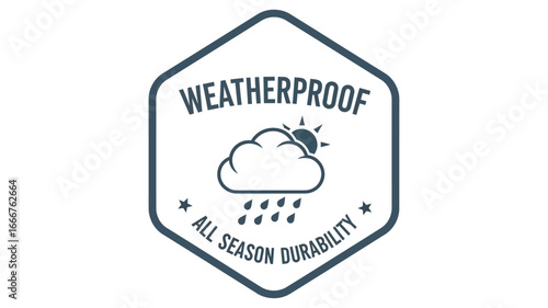 Stylized graphic emblem featuring a cloud, sun, and rain, symbolizing comprehensive weather protection and all-season durability for products or services