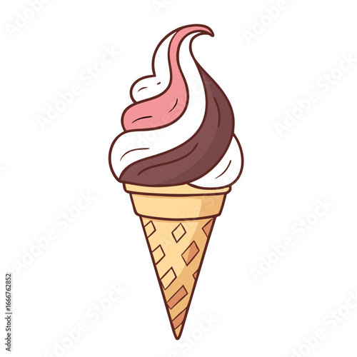 Swirl ice cream cone with chocolate strawberry and vanilla flavors vector