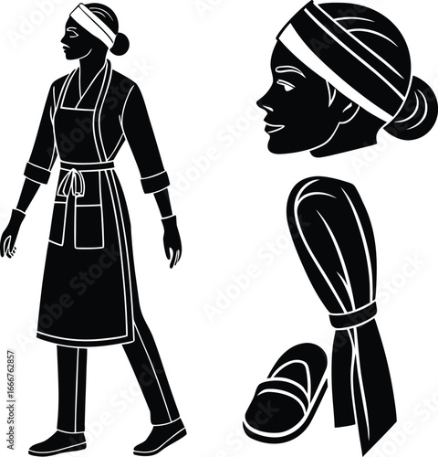 Silhouette of a person in an apron with cooking tools and headwear