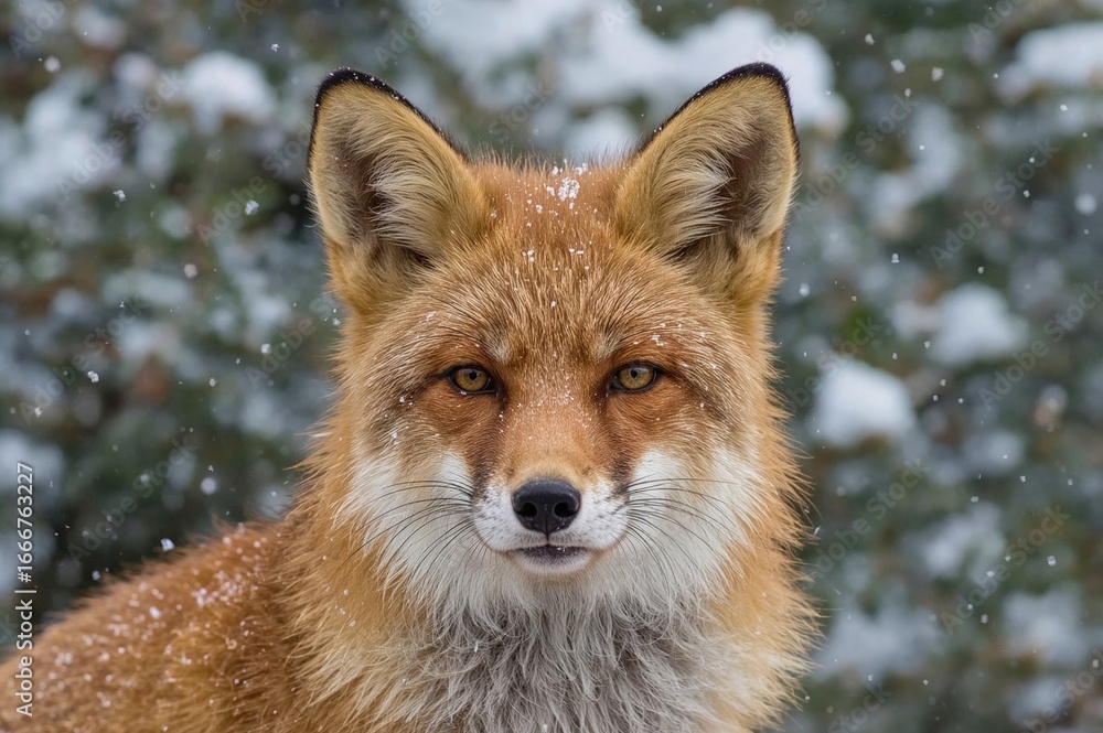 Fototapeta premium Close-up of a red fox delighting in snowy winter weather