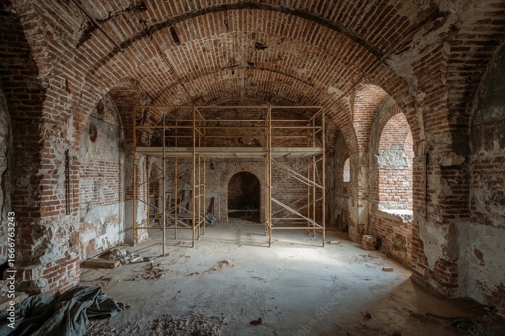 Fototapeta premium Restoration of brick vaulted ceilings using scaffolding inside a cell.