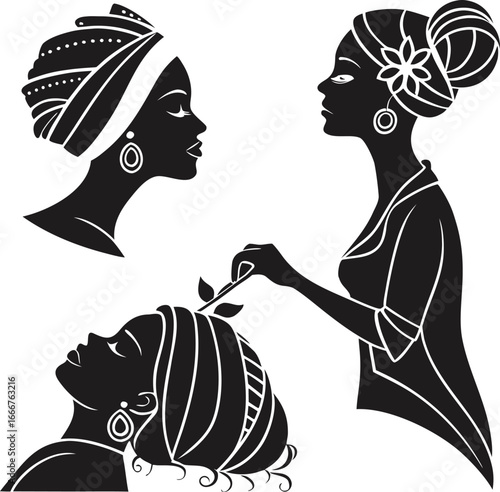 Elegant black silhouettes of women with flowers and headwraps