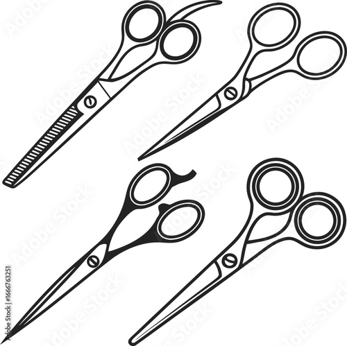 Four hand drawn styles of barber and hairdressing scissors
