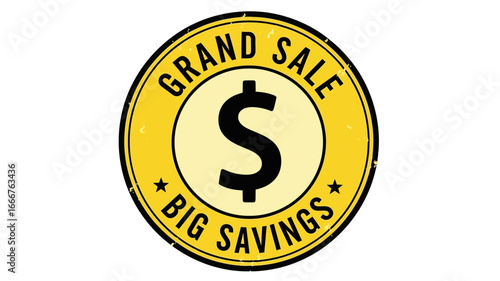 Vibrant yellow circular emblem highlighting substantial financial savings and exciting promotional offers for businesses and retail events, perfect for marketing campaigns and discount announcements