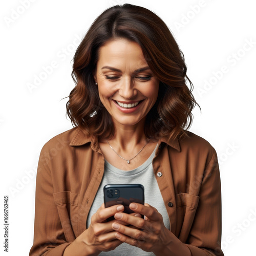Smiling middle-aged woman with wavy brown hair holding and looking at a smartphone transparent background